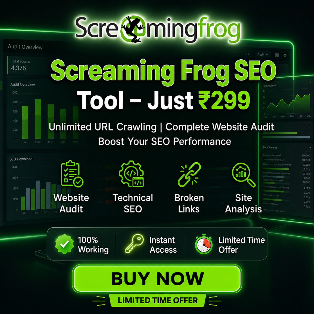 Screaming Frog SEO Tool lifetime access banner with technical SEO audit, unlimited crawling, and ₹299 offer.