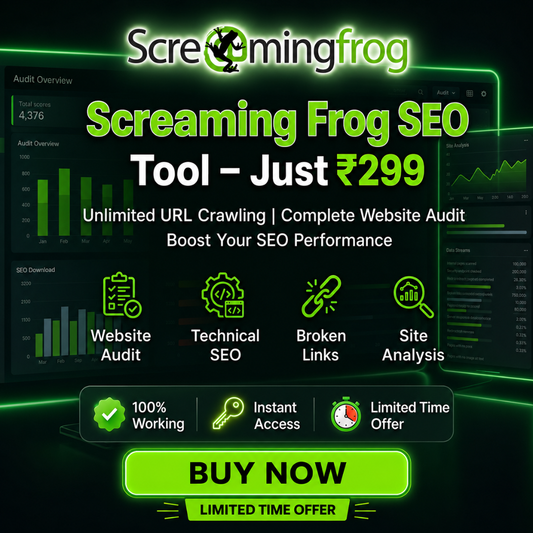 Screaming Frog SEO Tool lifetime access banner with technical SEO audit, unlimited crawling, and ₹299 offer.